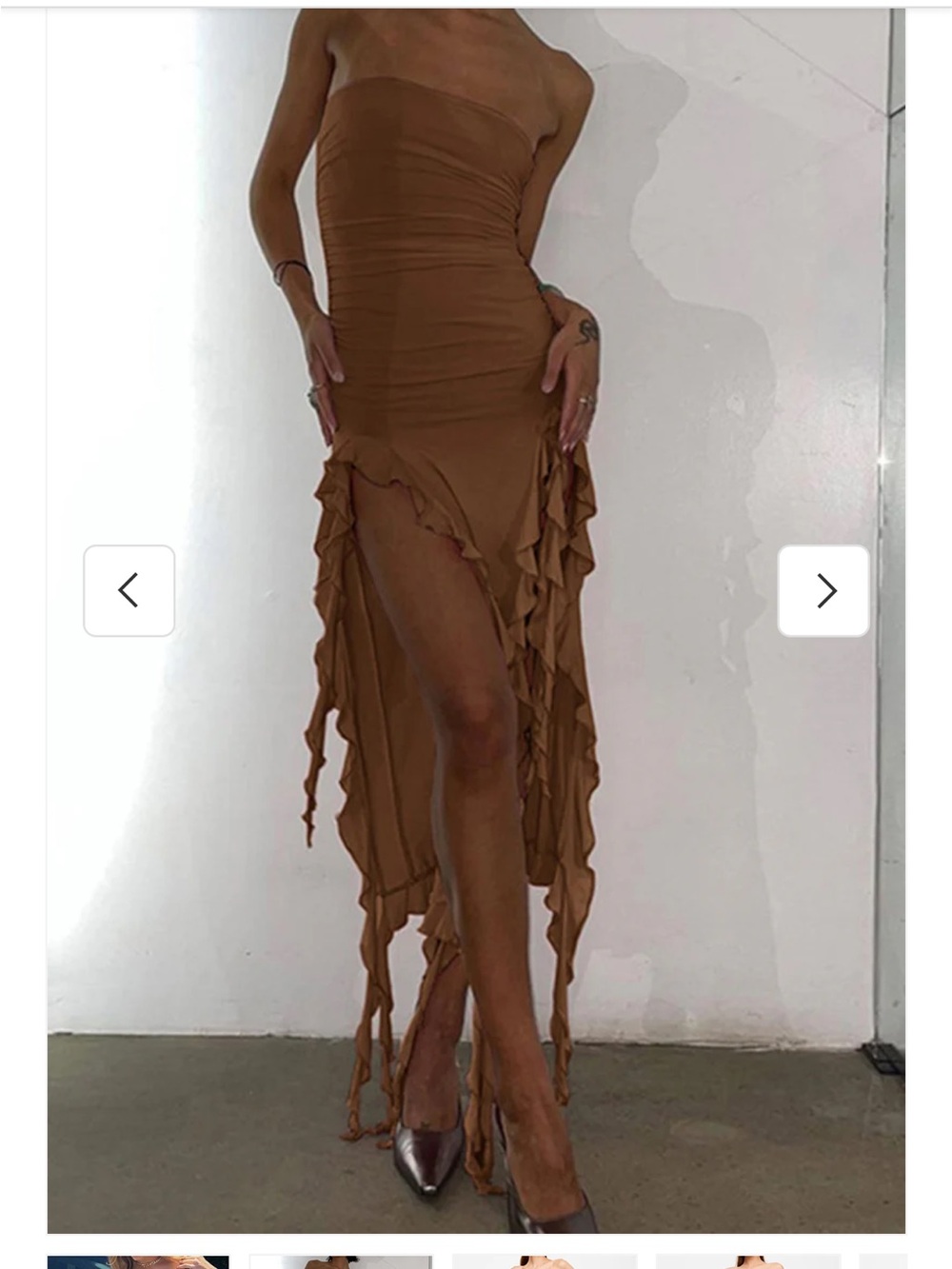 Strapless Brown Ruffle Asymmetrical Dress
